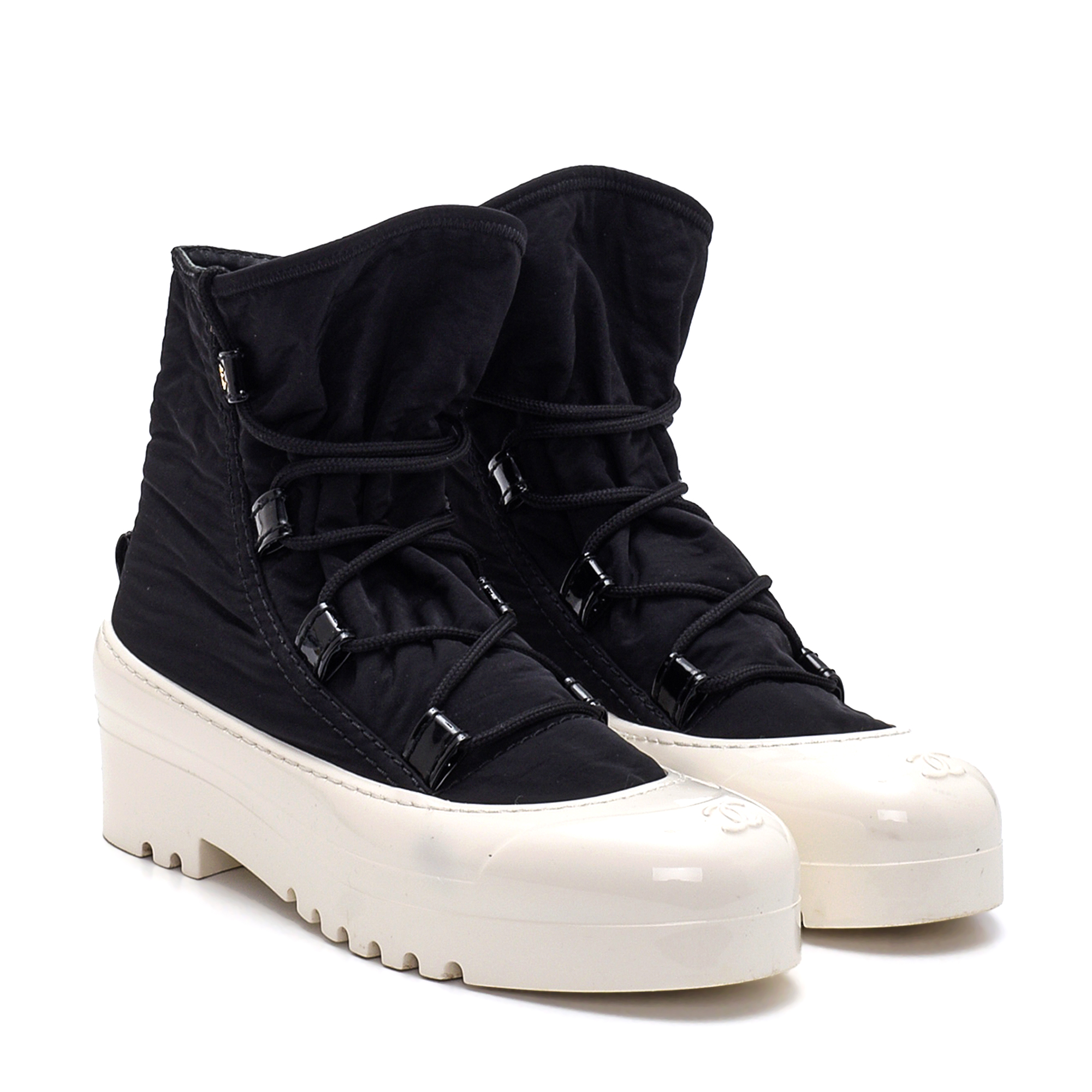 Chanel - Black Nylon and White Rubber Sole CC Ankle Boots/41